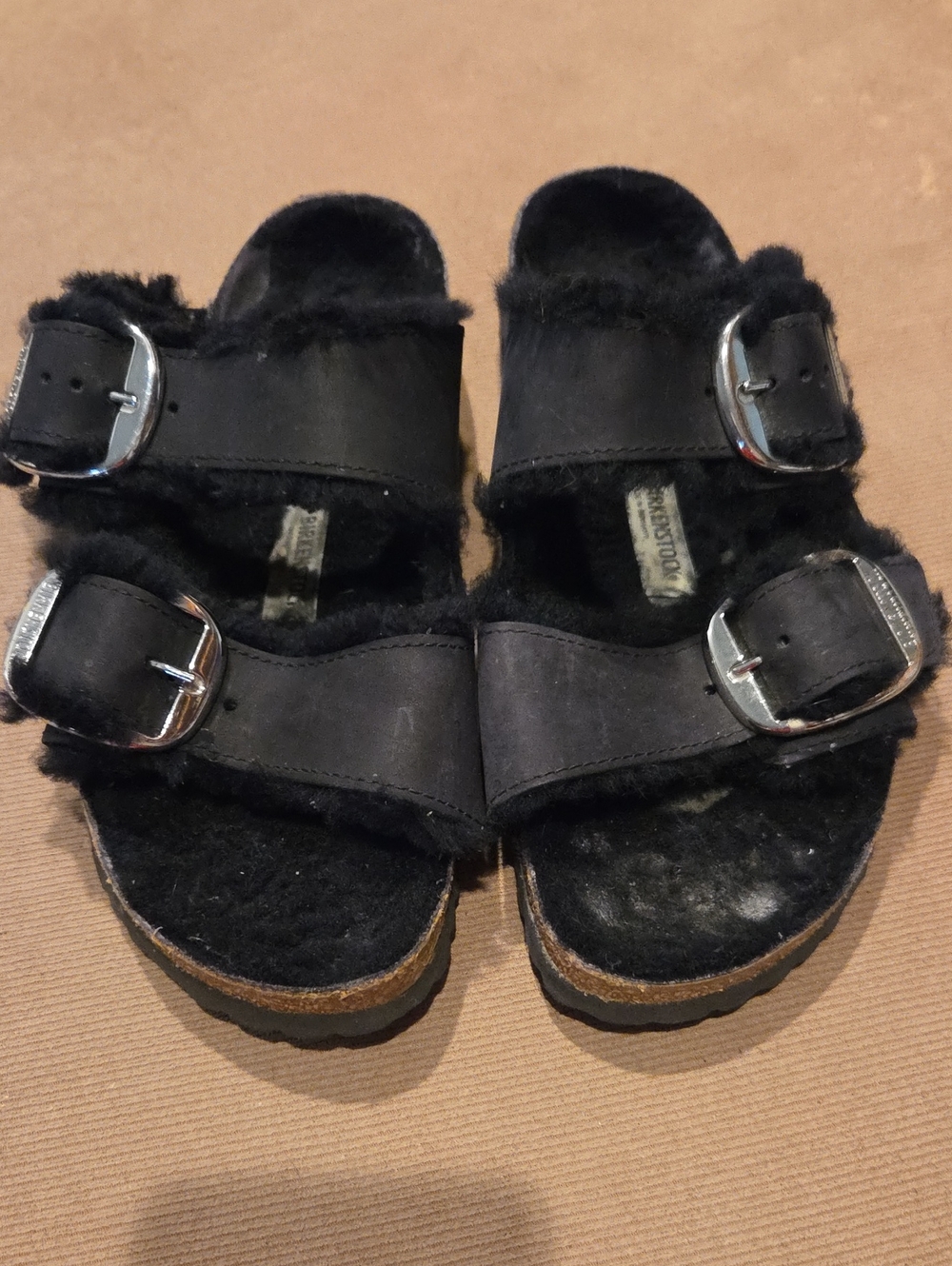 Birkenstock Arizona Black Fuzzy Double-Buckle Sandals Size 39